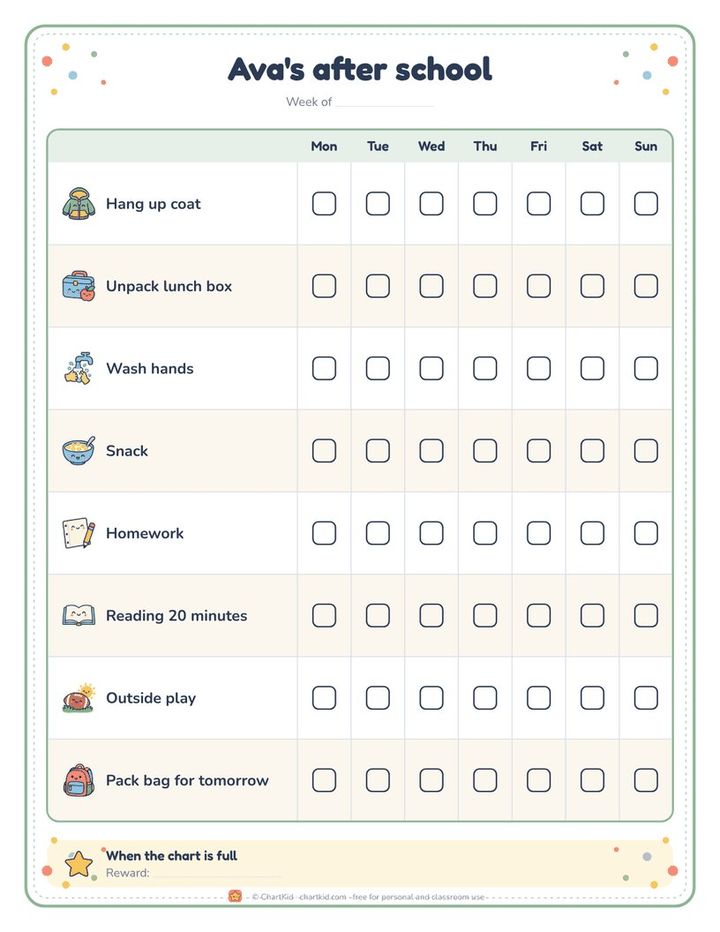 After-school routine chart, classroom theme, eight steps with checkboxes Monday to Friday