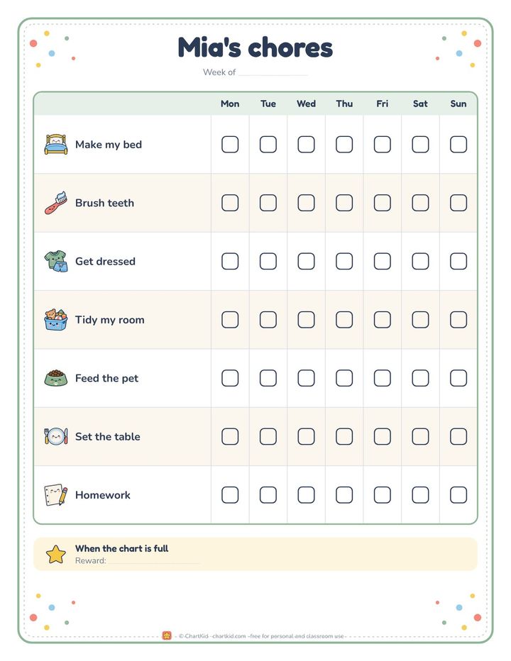 Weekly chore chart for a child, dinosaur theme, seven chores with checkboxes and a reward line