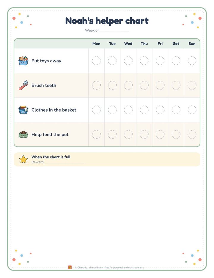 Toddler chore chart, farm animal theme, four jobs with sticker spaces