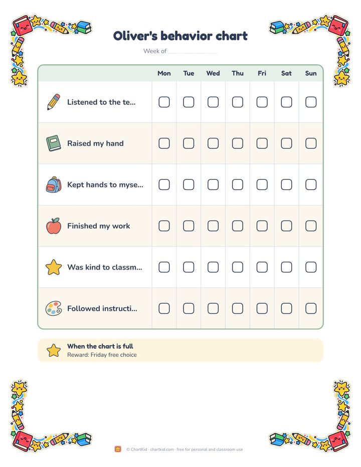 Classroom behavior chart, classroom theme, six school goals with checkboxes Monday to Sunday