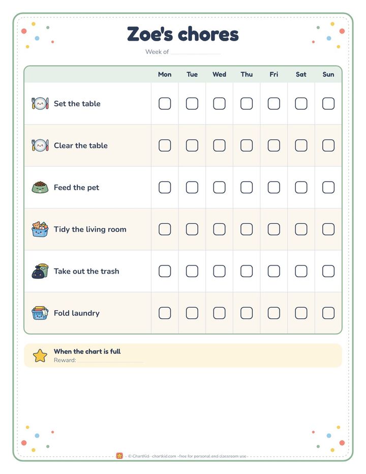 Family chore chart, rainbow theme, six shared chores