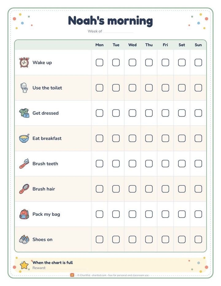 Morning routine chart, rainbow theme, eight steps in order with checkboxes for each day