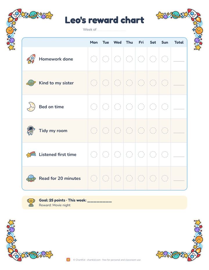 Points reward chart, sports theme, six goals with checkboxes, Total column and a 30-point weekly goal