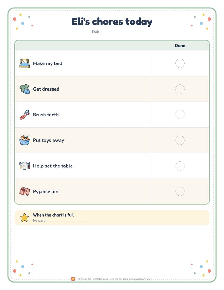 Reward chart, unicorn theme, five goals with sticker spaces and a reward line