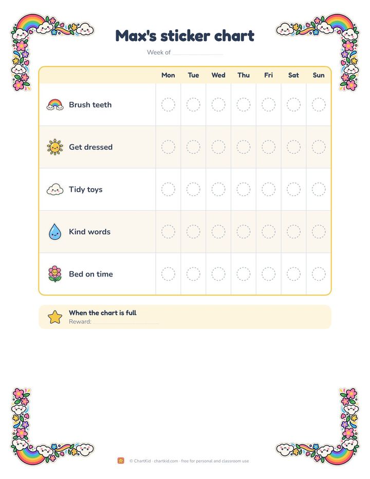 Sticker chart, rainbow theme, five goals with dashed sticker circles