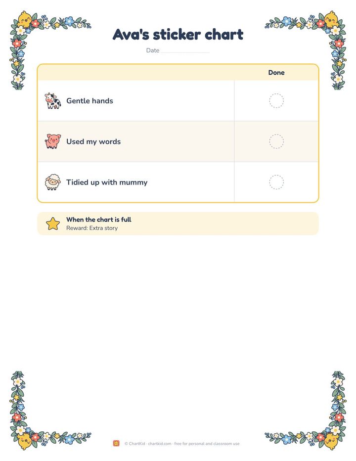 Toddler behavior chart, farm animal theme, three goals with large sticker spaces