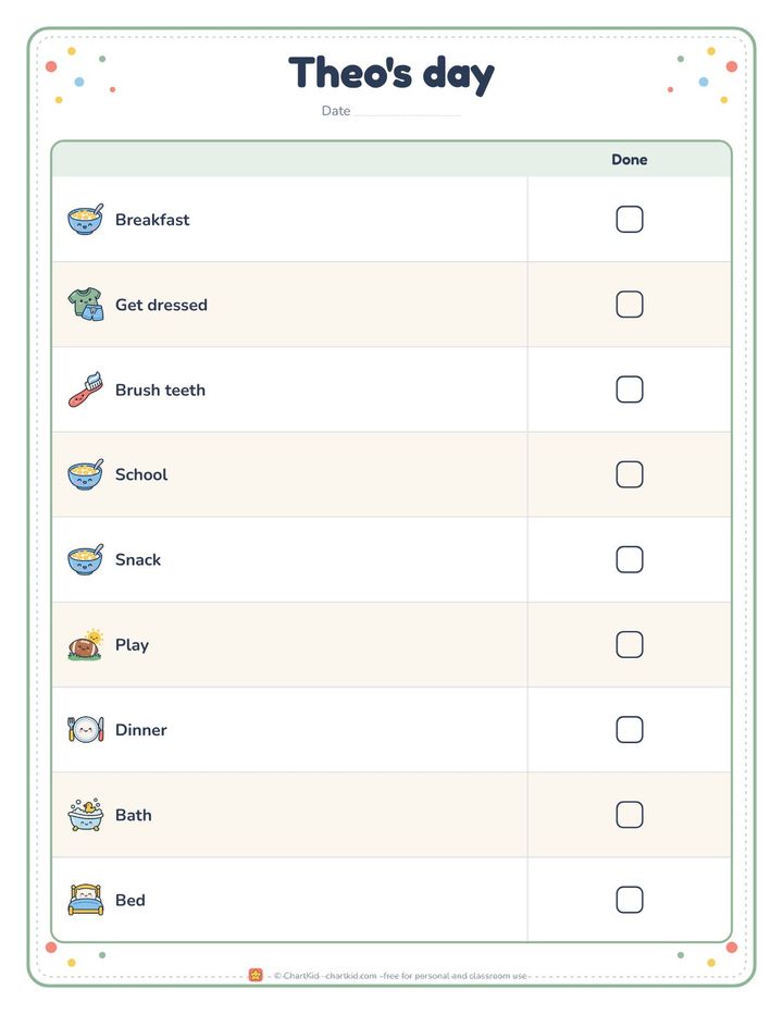Visual schedule, farm animal theme, nine steps for one day with a big picture and box each